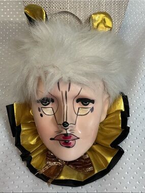 White and Gold Ceramic Decorative Mask with Faux Fur and Ruffled Collar